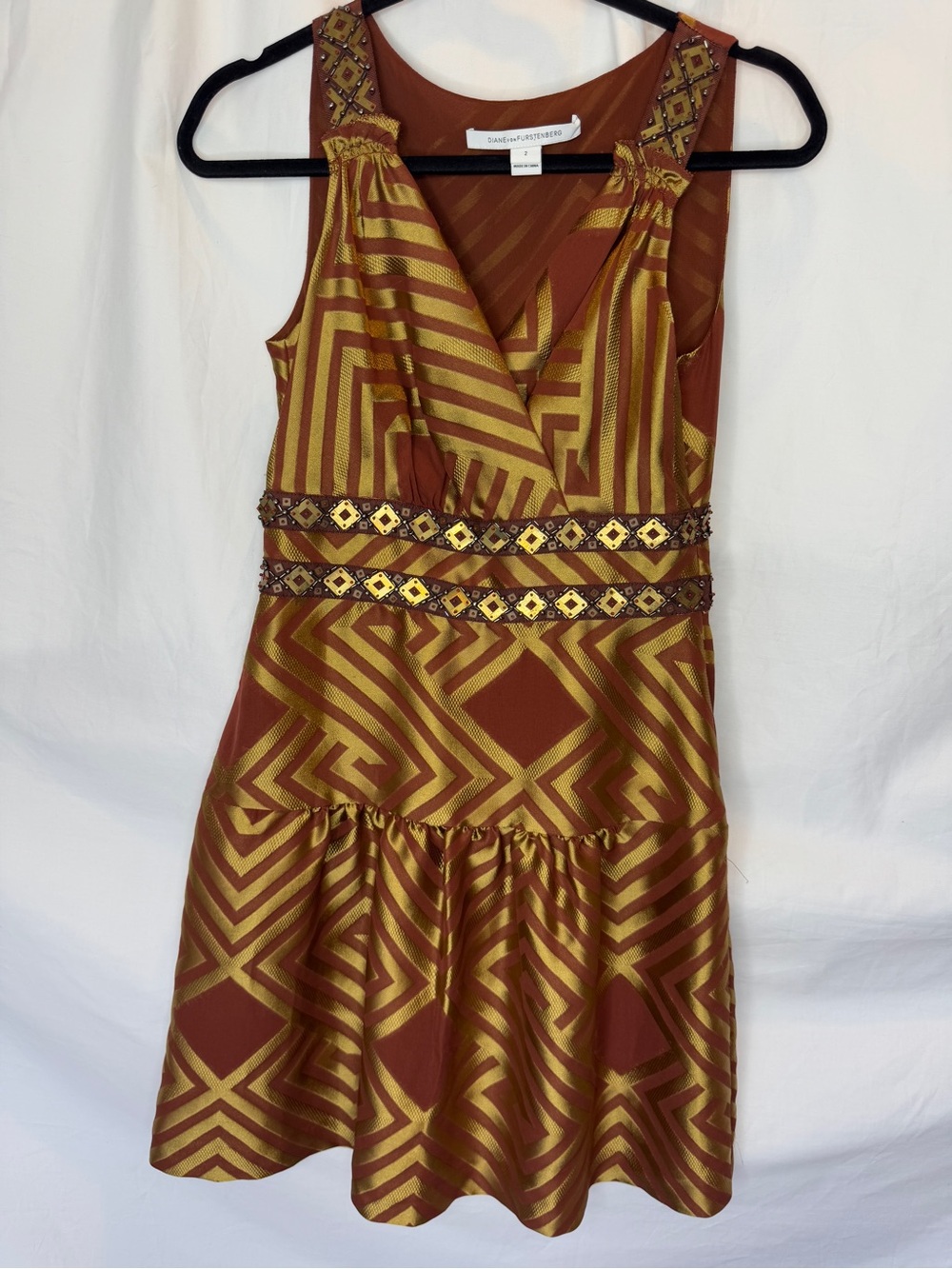 DVF Sleeveless Rust and Gold Geometric Fit & Flare Dress With Beads